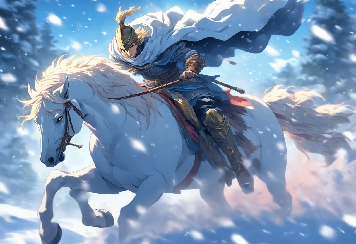 young warrior man riding a white horse through the snow, quality face