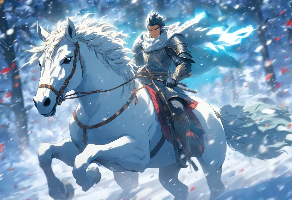 young warrior man riding a white horse through the snow, quality face