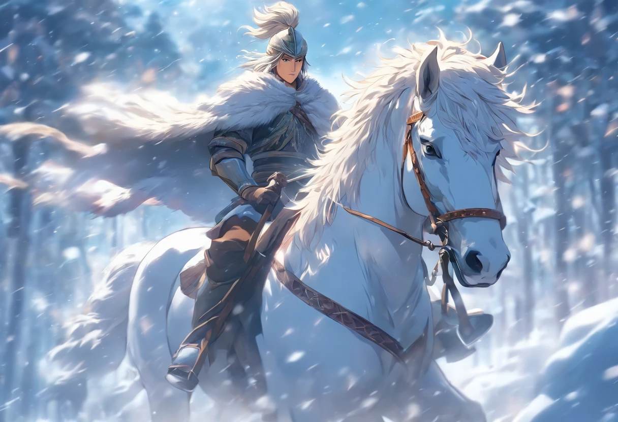 young warrior man riding a white horse through the snow, quality face