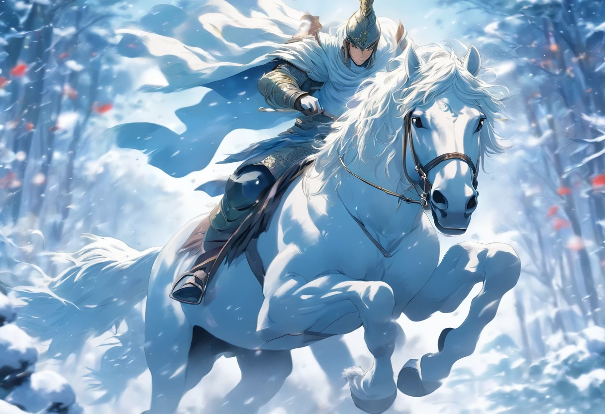 young warrior man riding a white horse through the snow, quality face