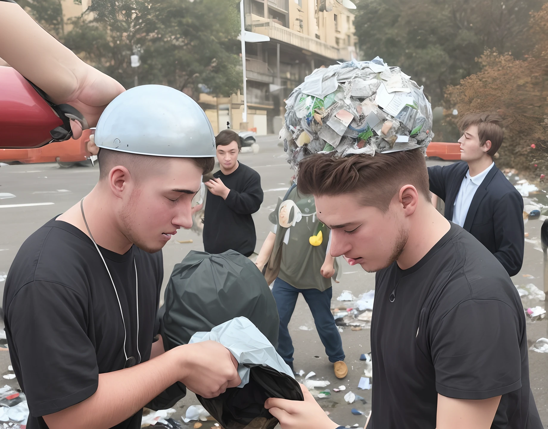 People are putting their mind trashes into a young man's head with opened head lid