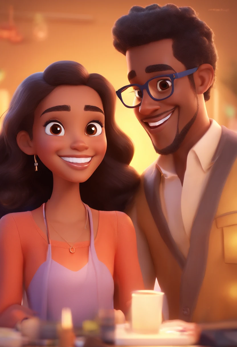 An illustration of an adorable couple, Highlight for a chubby mulatto man with glasses smiling and a brunette woman with beautiful expressive eyes - the man's skin is mulatto and the man's hair haswhile the woman's skin is black and the woman's hair is straight and brown. They are a bright room, cada um com um sorriso no rosto, e compartilhar um momento especial caracterizado pelo amor, Insights. Illustrate this scene from a perspective where they are facing the camera, Smiling and Showing Your Connection. Desenvolva esta arte em Full HD, Focus on your cinematic touch, Estilo Disney Pixar Animations