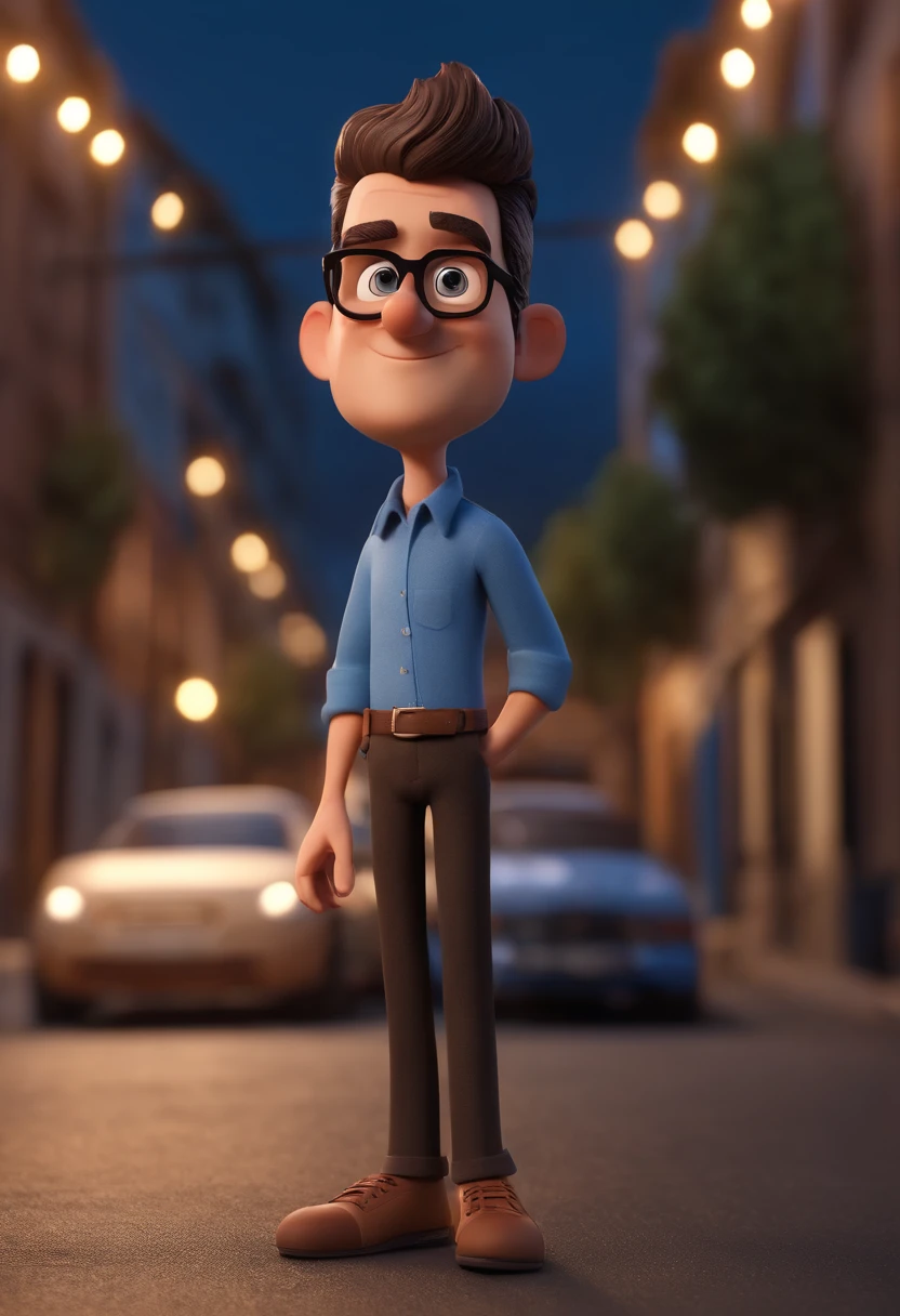 Cartoon character of a man with black glasses, cabelo cacheado marrom escuro e uma camisa azul, animation character, Caractere estilizado, animation style rendering, 3D estilizado, Arnold Maya render, 3 d render stylized, toon render keyshot, Personagem 3D, Personagem 3D, 3d rendering stylized, 3 d character render, personagem de desenho animado, Personagem de close up, Pose de personagem, (Estilo Pixar) (master part:1.2) (Bokeh) (best quality) (pele detalhada) (textura detalhada) (8k) (argila) (Cinematic lighting) (foco nítido