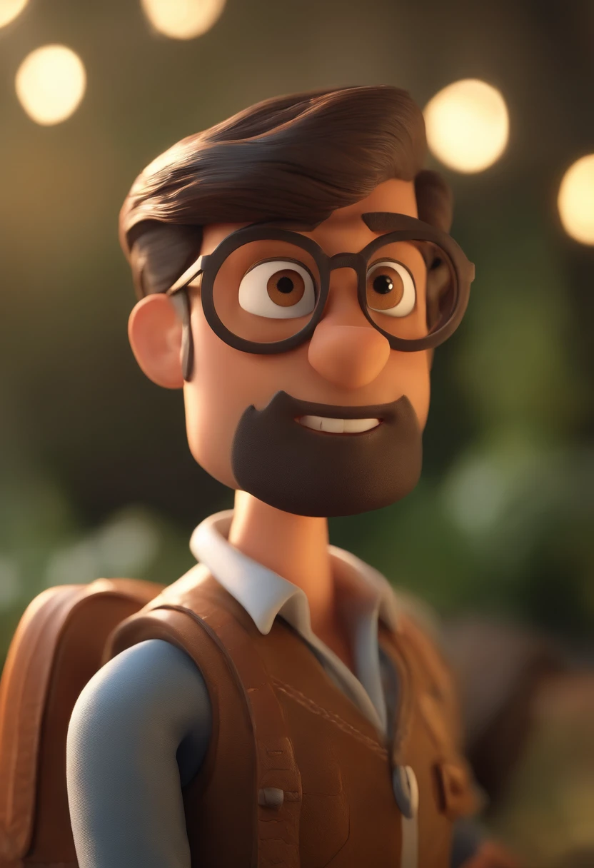 Cartoon character of a man with black glasses, cabelo cacheado marrom escuro e uma camisa azul, animation character, Caractere estilizado, animation style rendering, 3D estilizado, Arnold Maya render, 3 d render stylized, toon render keyshot, Personagem 3D, Personagem 3D, 3d rendering stylized, 3 d character render, personagem de desenho animado, Personagem de close up, Pose de personagem, (Estilo Pixar) (master part:1.2) (Bokeh) (best quality) (pele detalhada) (textura detalhada) (8k) (argila) (Cinematic lighting) (foco nítido