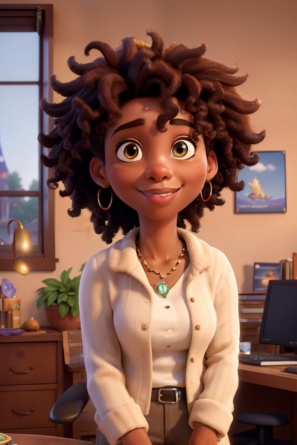 (best quality,4k,8k,highres,masterpiece:1.2),ultra-detailed,(realistic,photorealistic,photo-realistic:1.37), African American 25-year-old woman with short, curly hair and dark skin, light brown eyes with beautiful details, in a psychologist's office. She is wearing professional attire and exudes a romantic style. The setting is a magical and enchanting Disney Pixar world, full of vibrant colors and whimsical elements.