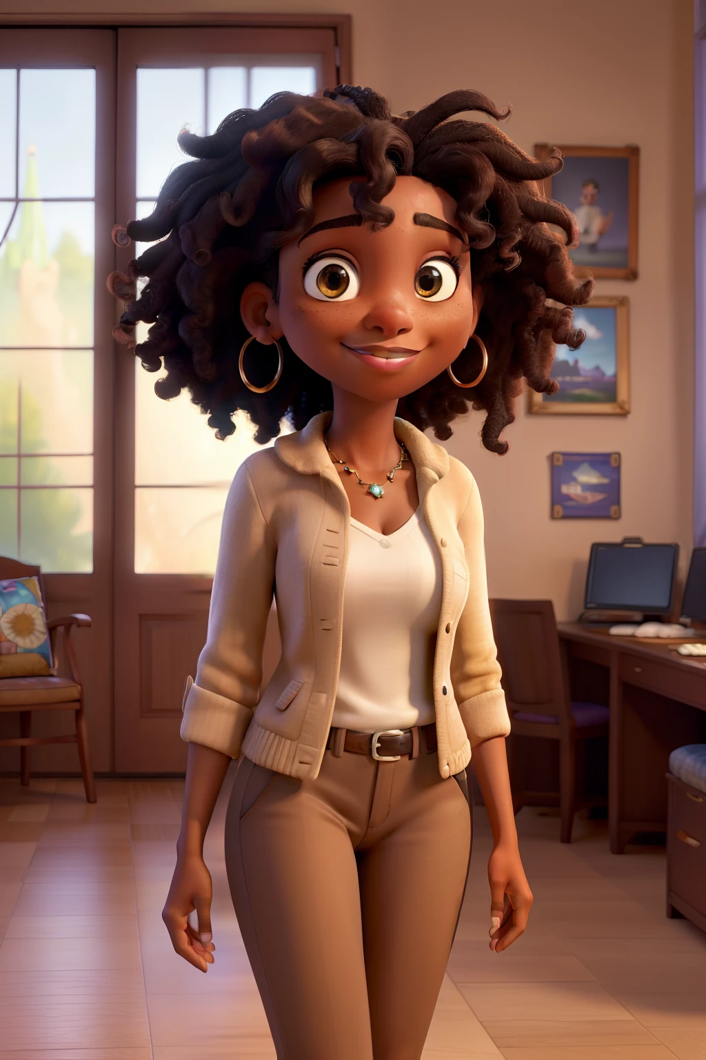 (best quality,4k,8k,highres,masterpiece:1.2),ultra-detailed,(realistic,photorealistic,photo-realistic:1.37), African American 25-year-old woman with short, curly hair and dark skin, light brown eyes with beautiful details, in a psychologist's office. She is wearing professional attire and exudes a romantic style. The setting is a magical and enchanting Disney Pixar world, full of vibrant colors and whimsical elements.
