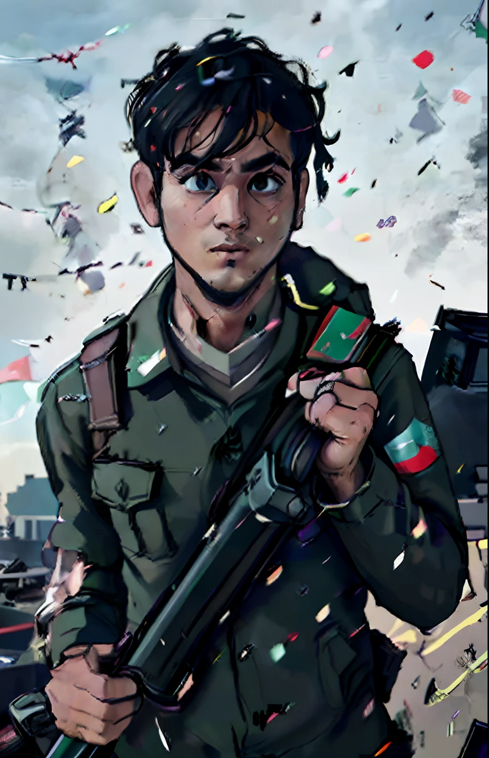 man holding camera, in plain black army uniform, carrying gun, background of war zone and Palestinian flag, no beard, wide eyes, and bright face, Palestinian flag