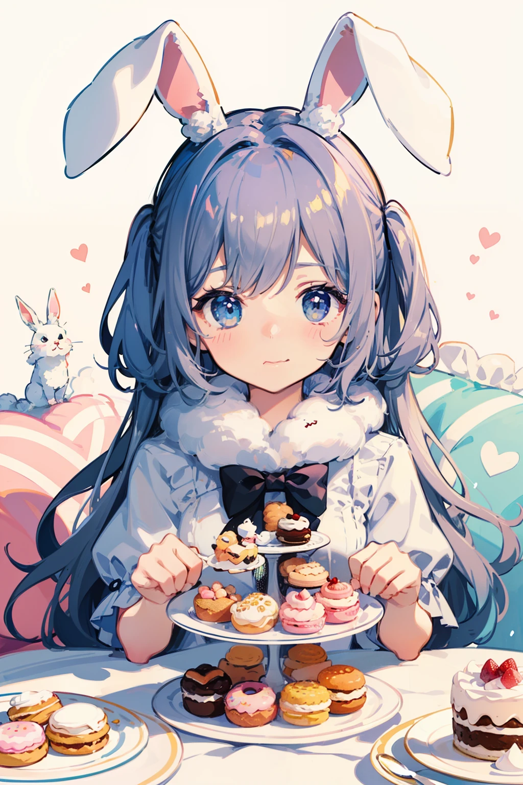 (Cute illustration:1.5), There are also rabbits , Cute girl with rabbit ears, Hair color is pink , Blue pastel color outfit、Hug a fluffy white rabbit、tea parties、a cake、 macaroons、donut、cookies、black tea、cute little、Cute 、Dolce、fluffly、Dolce、Pale shades
