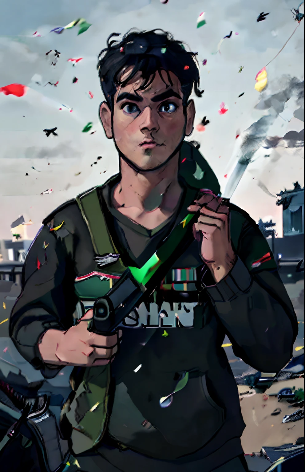 man holding camera, in plain black army uniform, carrying gun, background of war zone and Palestinian flag, no beard, wide eyes, and bright face, Palestinian flag