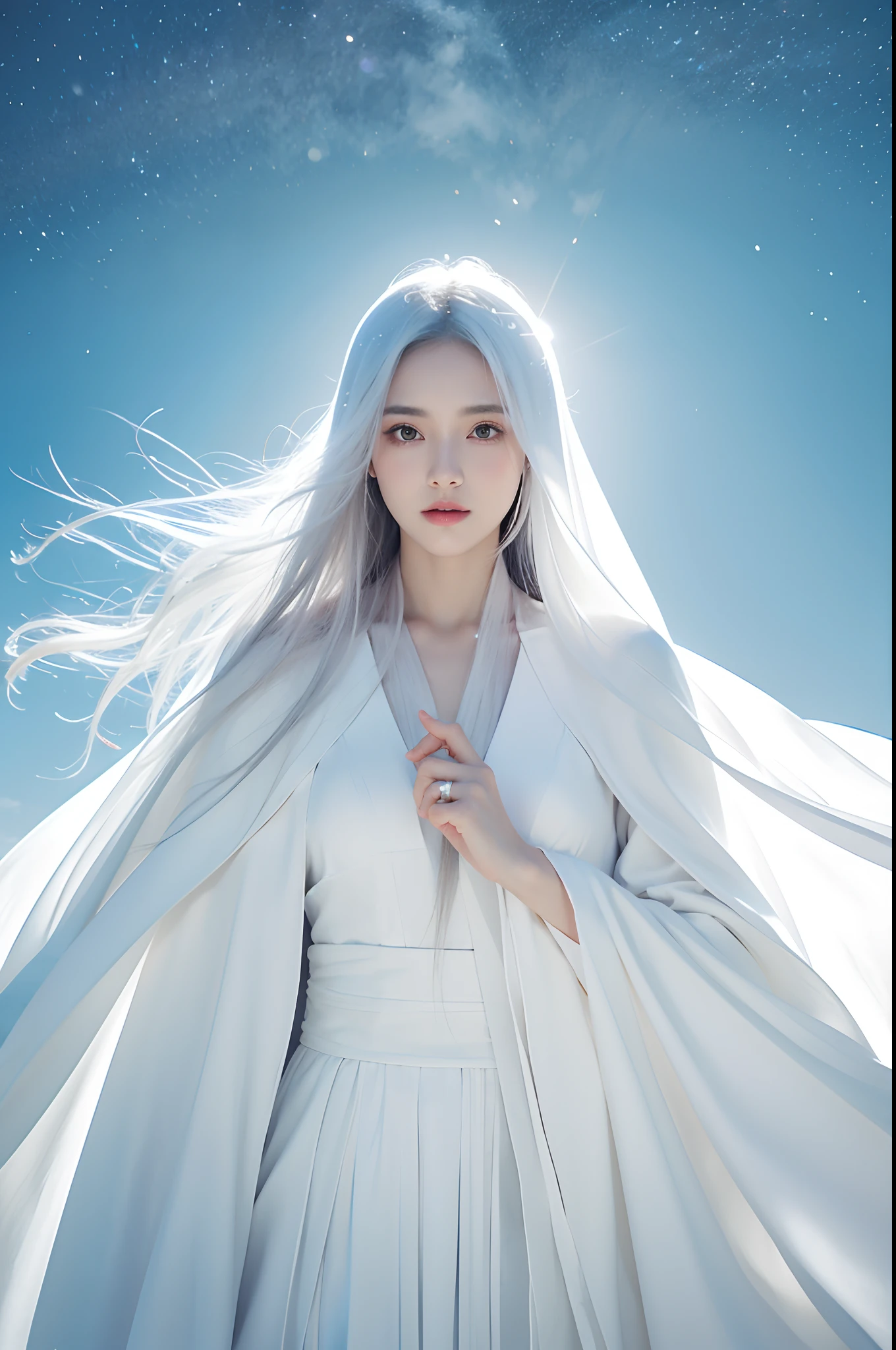 Alafi woman in white dress standing on a rock on sky background, Fei Danxu album cover, Tumblr, conceptual art, very long white cloak, Long white cape, White cloak, White cape, Long white cape, Wearing a flowing cloak, a still of an ethereal, high detailed photography cape, Wearing a shabby white cloak, White Hanfu, Flowing cape，Upper body portrait