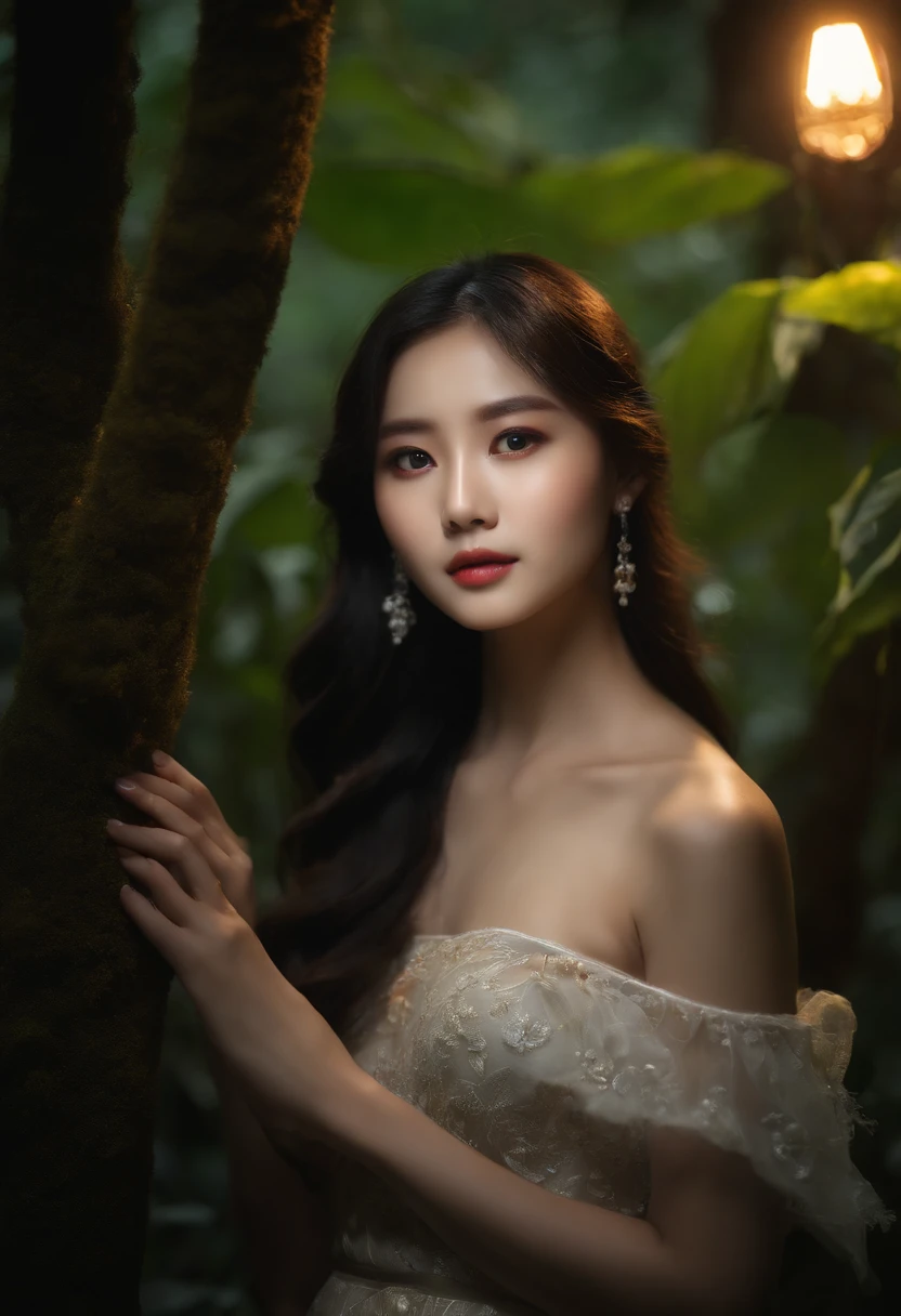 Masterpiece, Yi Yang Qianxi walked through the jungle at night (Night in the fireflies), (High detail:1 1), Smooth face, Natural skin, High quality, NSFW, Beautiful eyes, (Detailed face and eyes), (face: 1 2), noise, Realphotos, Lamp film photography, Sharp focus, contrasty lighting, Detailed skin, High resolution 8K, insanely details, Realistic, Professional photography, 8K  UHD, SLR camera, Soft lighting, High quality, filmgrain, Fujifilm XT3, 50 millimeters,