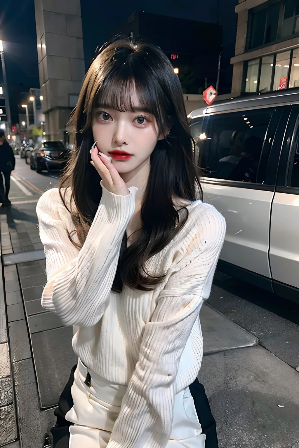 top-quality、超A high resolution、(Photorealsitic:1.1)、masterpiece、1girl in、、Tight net sweater clothes、Long sweater in grey、Mine makeup、eyeshadows、heavy make up、Shiny Pin Clip Stick、pin heels、beautiful thigh、Long Black Hair、Bangs、Meet in front of the station at night、Straight Hair、blunt bangs、