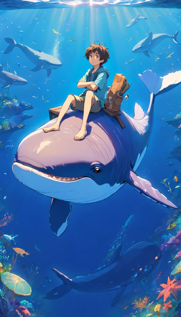 Fantastic atmosphere， sitting on the back of a fat blue whale, Cute whale images, The whale's tail is directed upwards in the water, Fantastic sea，Mare, stereograms, High quality, masutepiece，Whales swim like you