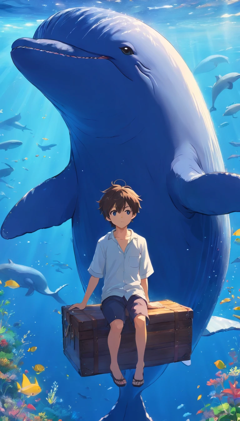 Fantastic atmosphere,Little boy sitting on the back of a fat blue whale, Cute whale images, The whale's tail is directed upwards in the water, Fantastic sea,Mare, stereograms, High quality, masutepiece,Whales swim like you