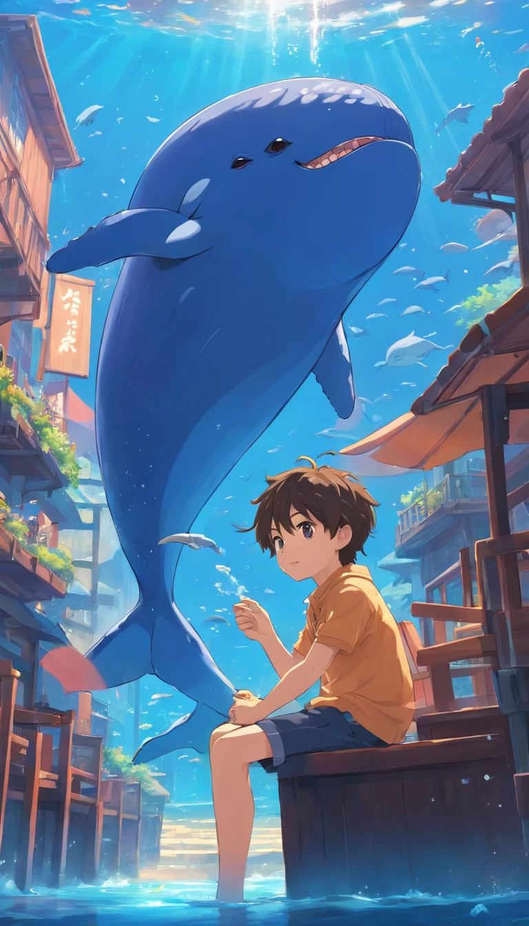 Fantastic atmosphere,Little boy sitting on the back of a fat blue whale, Cute whale images, The whale's tail is directed upwards in the water, Fantastic sea,Mare, stereograms, High quality, masutepiece,Whales swim like you