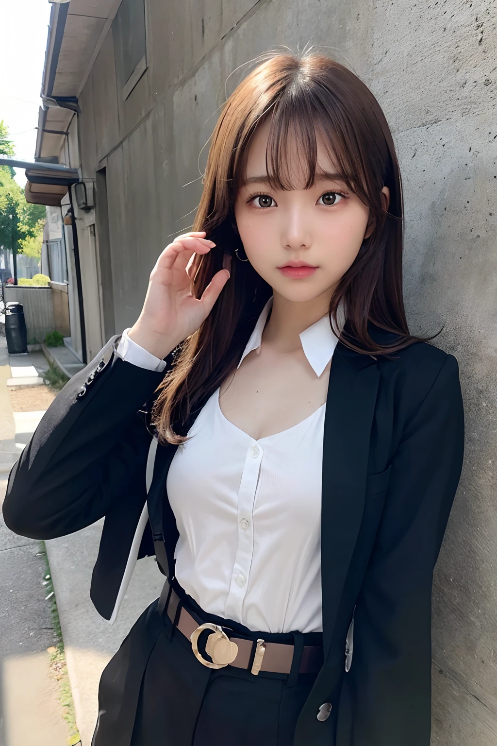 masterpiece、flat-colors、depth of fields、lens flare 1 girl、、Brown hair、watching at viewers a belt black suspenders large full breasts Armpit sweat perspiring Side of both hands walls: Black pants, Black jacket holster arm Leg holster arma Gaze Small face