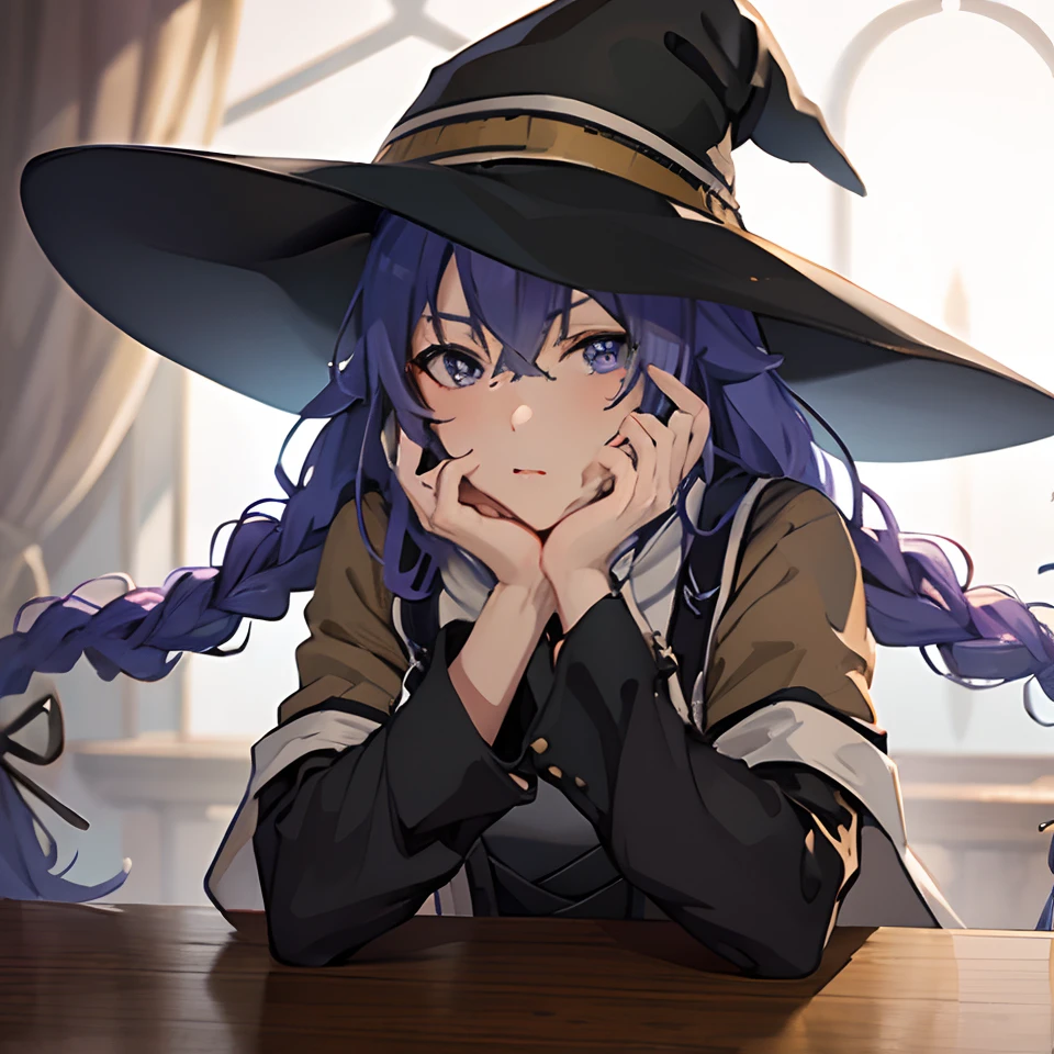 masuter piece, Best Quality, 超A high resolution, top-quality, Anime style, mushoku tensei, Roxy, Blue-purple hair, Big witch's hat, Long braids, free pose