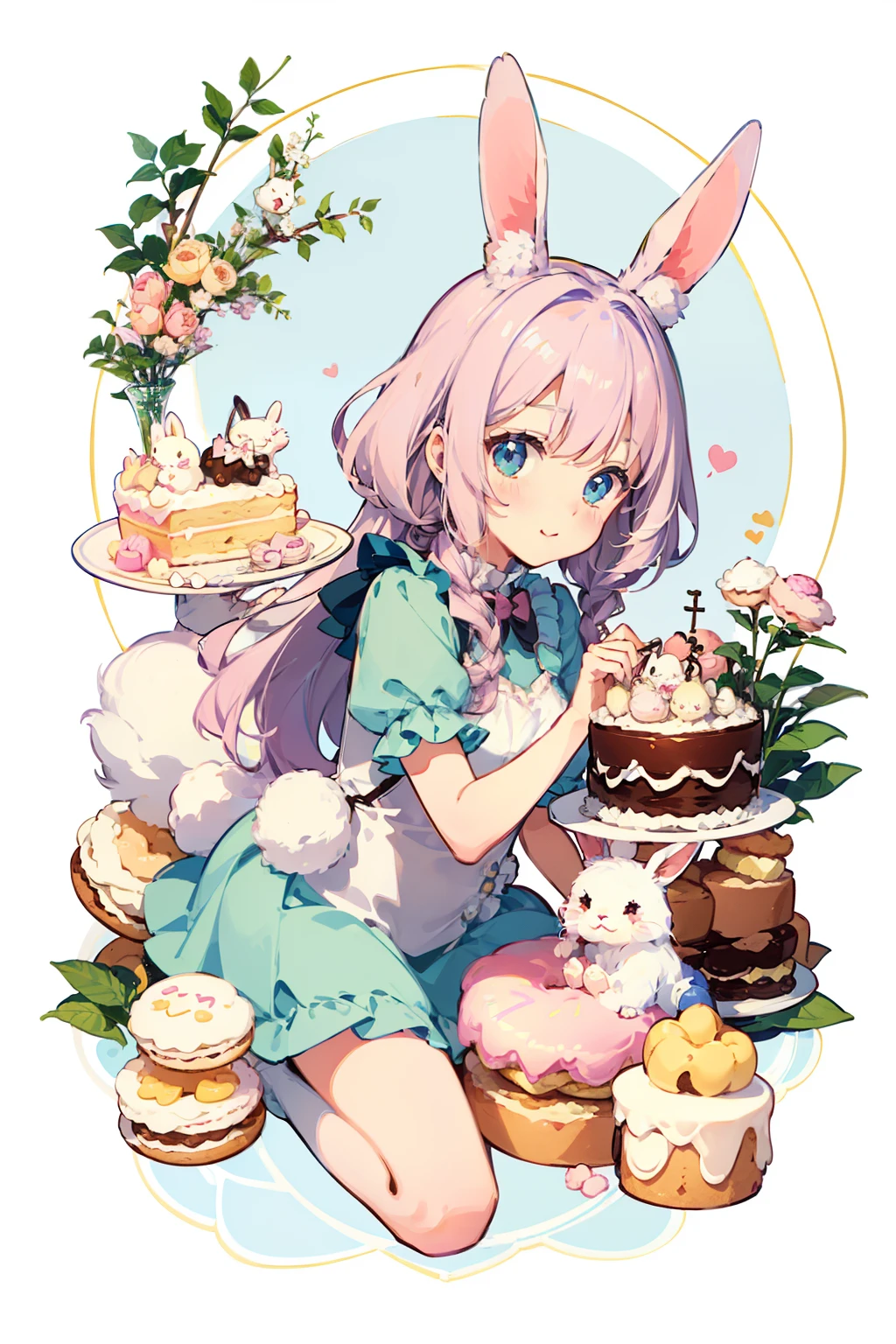 (Cute illustration:1.5), There are also rabbits , Cute girl with rabbit ears, Hair color is pink , Blue pastel color outfit、Hug a fluffy white rabbit、tea parties、a cake、 macaroons、donut、cookies、black tea、cute little、Cute 、Dolce、fluffly、Dolce、Pale shades