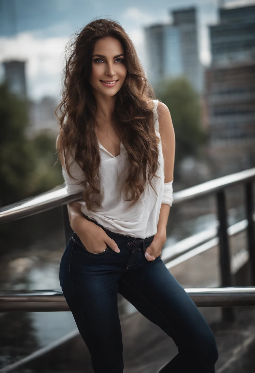 masterpiece, best quality, ultra-detailed),(1girl), blue eyes, long hair, brunette, dynamic angle, dynamic pose, natural lighting, floating, (|black top), (jeans:1.2|leather pants:0.9), (silver strap:1.2|watch), (natural background:0.8| cityscape), (smiling:0.8| serious expression), (light in the hair), many drops of water:0.8