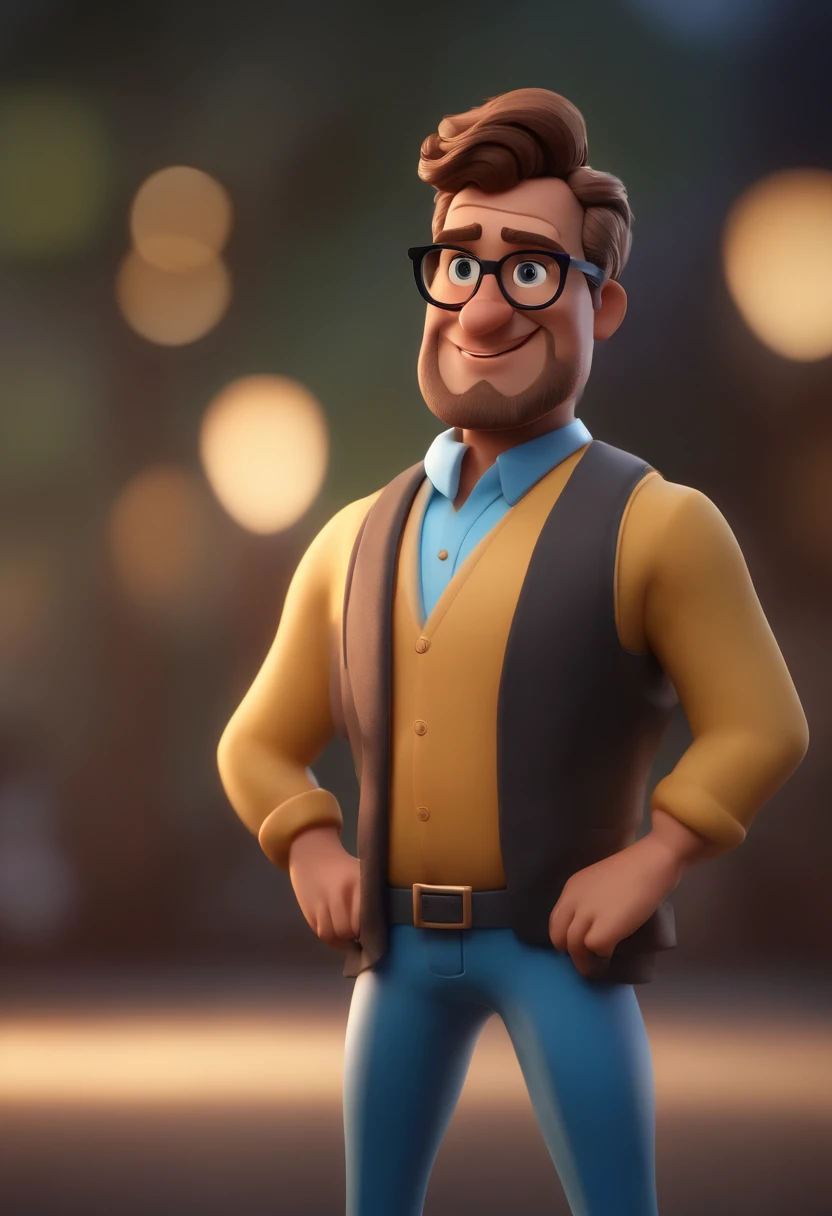 Cartoon character of a man wearing black glasses and a blue shirt, um personagem animado, Caractere estilizado, animation style rendering, 3D estilizado, Arnold Maya render, 3 d render stylized, toon render keyshot, Personagem 3D, Personagem 3D, 3d rendering stylized, 3 d character render, personagem de desenho animado, Personagem de close up, Pose de personagem, (Estilo Pixar) (master part:1.2) (Bokeh) (best quality) (pele detalhada) (textura detalhada) (8k) (argila) (Cinematic lighting) (foco nítido,Senta e vaza a parte superior do corpo