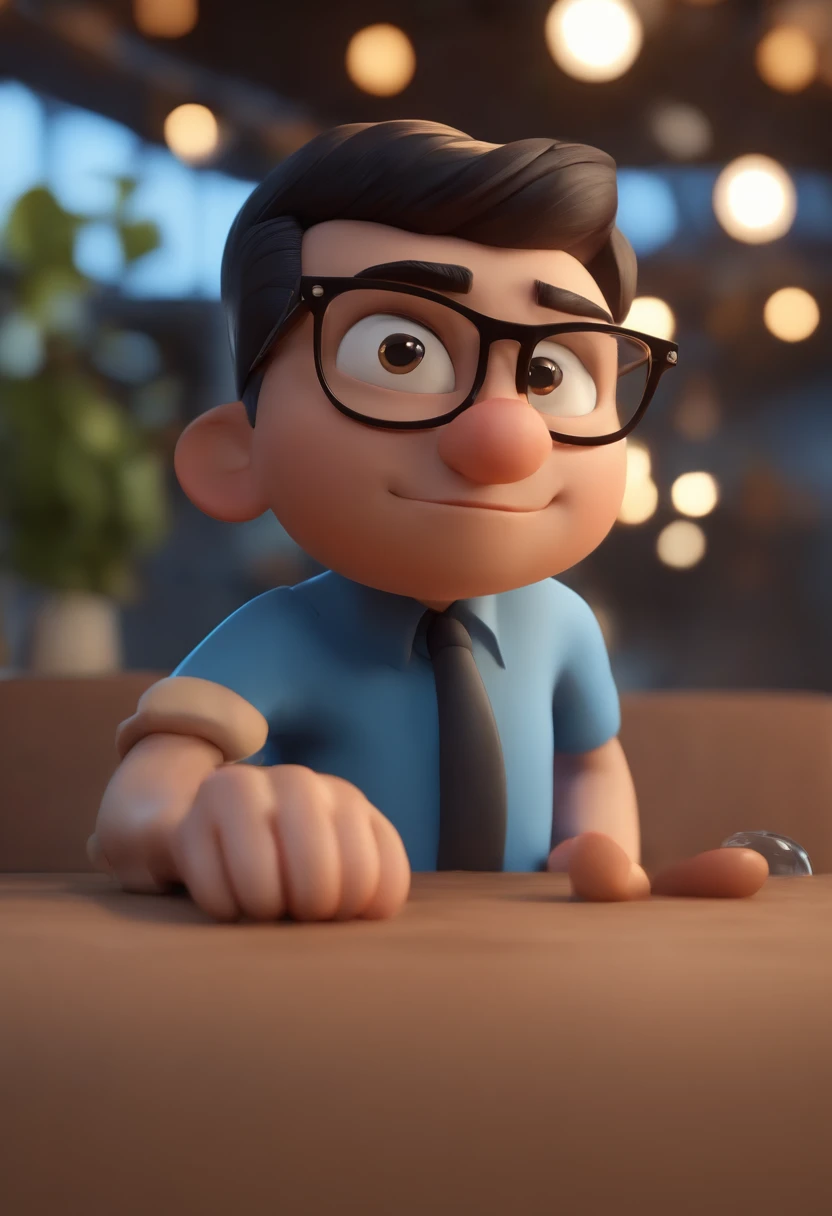 Cartoon character of a man wearing black glasses and a blue shirt, um personagem animado, Caractere estilizado, animation style rendering, 3D estilizado, Arnold Maya render, 3 d render stylized, toon render keyshot, Personagem 3D, Personagem 3D, 3d rendering stylized, 3 d character render, personagem de desenho animado, Personagem de close up, Pose de personagem, (Estilo Pixar) (master part:1.2) (Bokeh) (best quality) (pele detalhada) (textura detalhada) (8k) (argila) (Cinematic lighting) (foco nítido,Senta e vaza a parte superior do corpo
