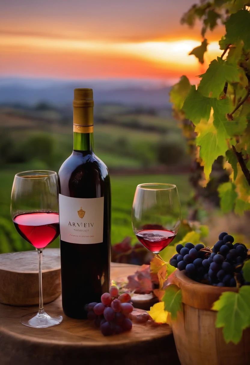 Arevi wine in wine yard on sunset