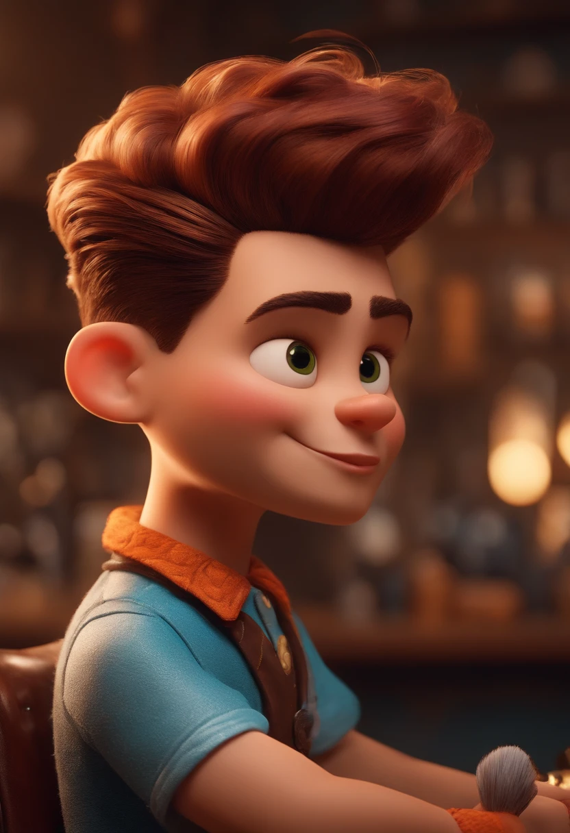 A Dream Barber Inspired by Pixar Animation, de perto. The character takes center stage with captivating facial expressions, oferecendo um toque de irrealidade, Cabelo curto e gordinho gradiente