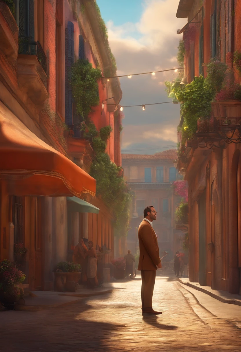 A city councilman looking at a dream project inspired by Pixar animation, de perto. The character takes center stage with captivating facial expressions, oferecendo um toque de irrealidade