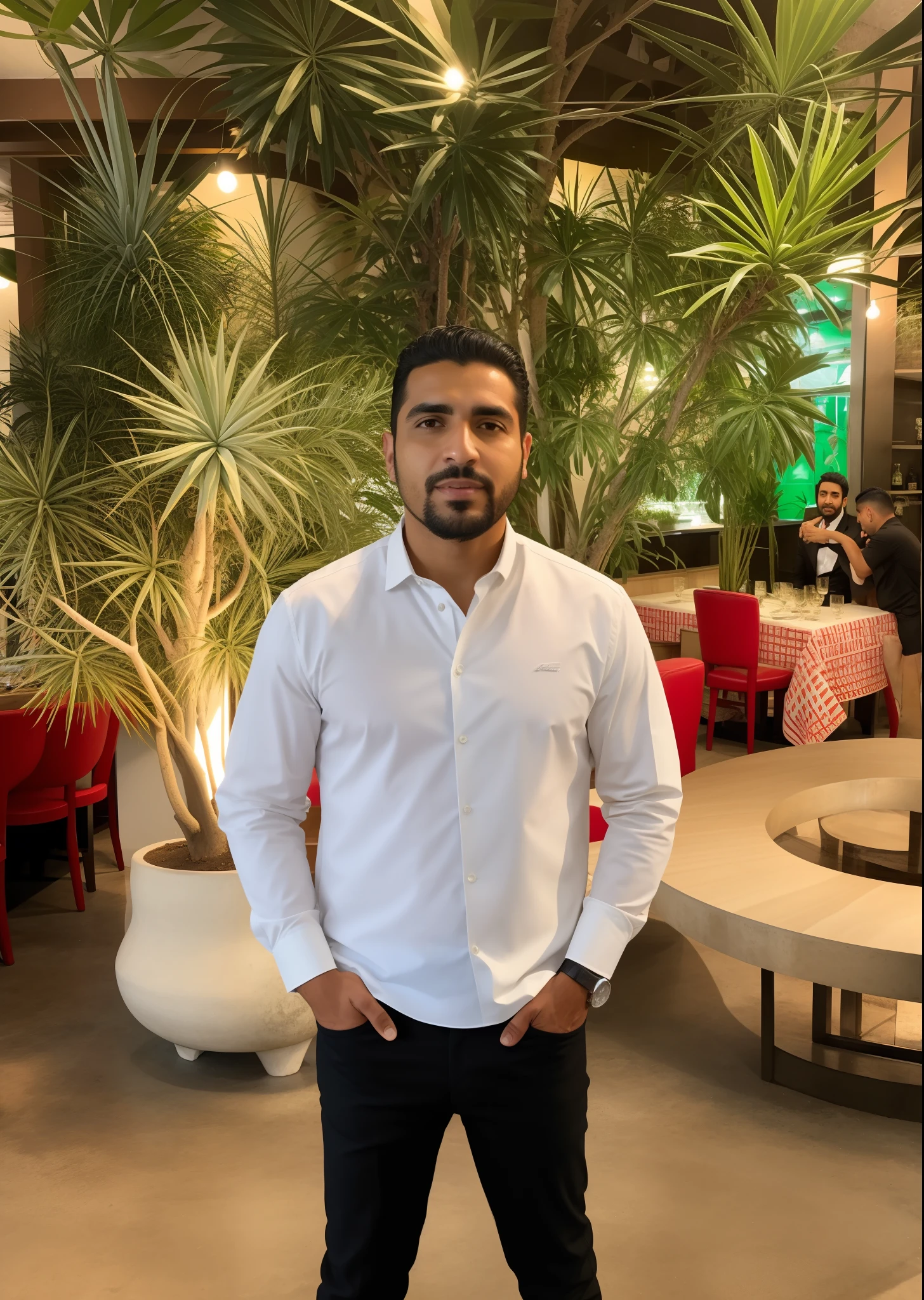 There's a man standing in a restaurant with a plant in the background, andres rios, standing in a restaurant, Aykut Aydogdu, Directed by: Alejandro Obregon, Cristiano Orrillo, Emad Mostaque, Alexandros Pyromallis, Carmelo Blandino, ástor alexander, Camilo GC, Alejandro, Condutor de Ene