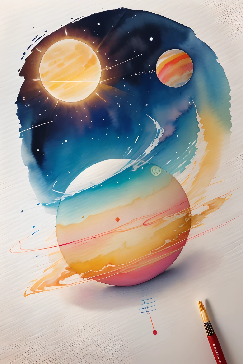 using watercolor pencils, draw a rough draft sketch only using 4 lines of a quarter-moon and a sun forming seamlessly into a perfectly shaped sphere that is being spun on its axis by surrounding hurricane winds while it is on fire at the bottom left and top right. One Perfect circle, meditation