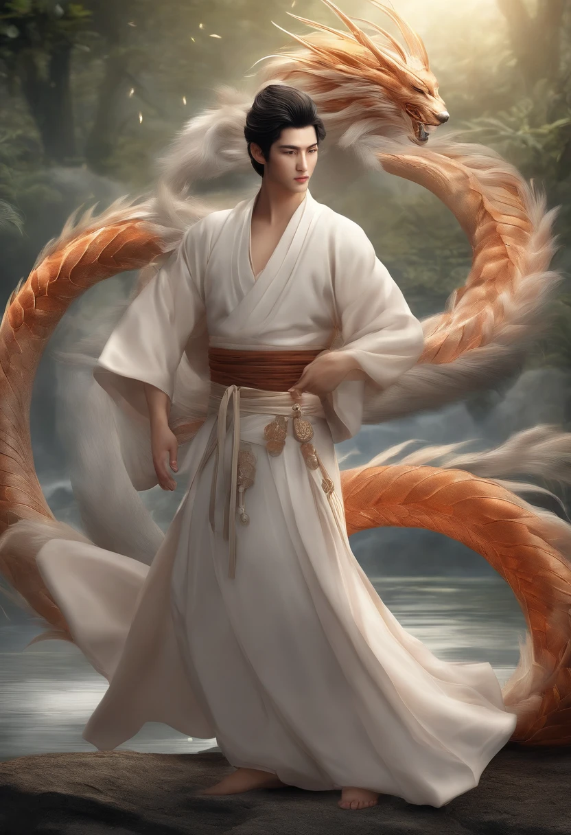 There is a handsome and thin young man, uma raposa prateada macho de nove caudas da mitologia japonesa com cabelos longos, em roupas, Its nine tails spread out like a fan behind its back, ele ri, Ele sorri pensativo, (master part), Comprimento total, de frente para o espectador, Surrealismo, Fantastic lighting, Pirilampos, Lantejoulas, the overall shade is silvery-purple