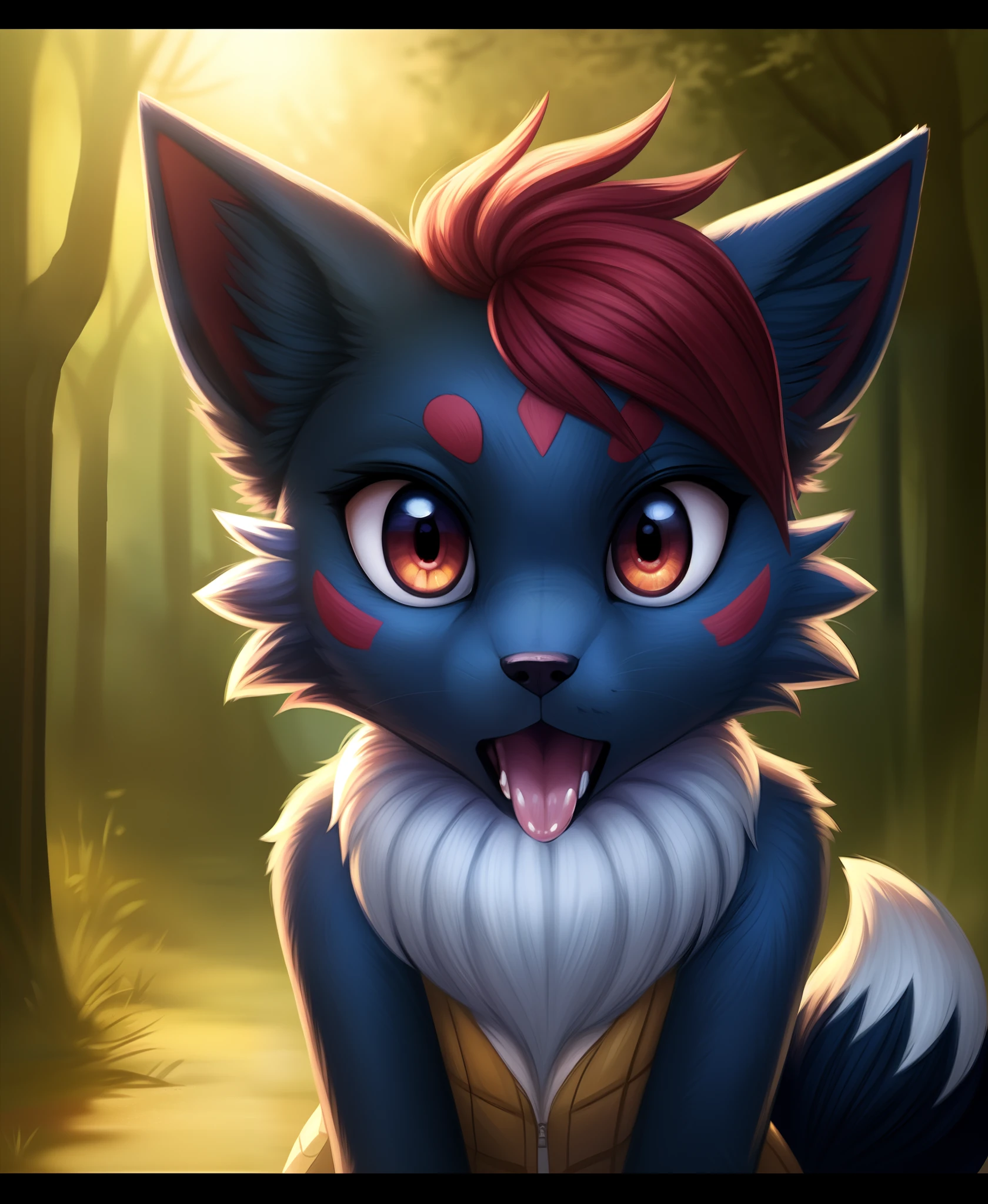 araffe with red hair and a furry tail in the woods, very very beautiful furry art, dramatic cinematic detailed fur, furry art, furry fantasy art, loish and wlop, anthro art, furry wolf, pov furry art, furry art!!!, kemono, 🌺 cgsociety, furry mawshot art, loish |, zorua pokemon, detailed fanart,