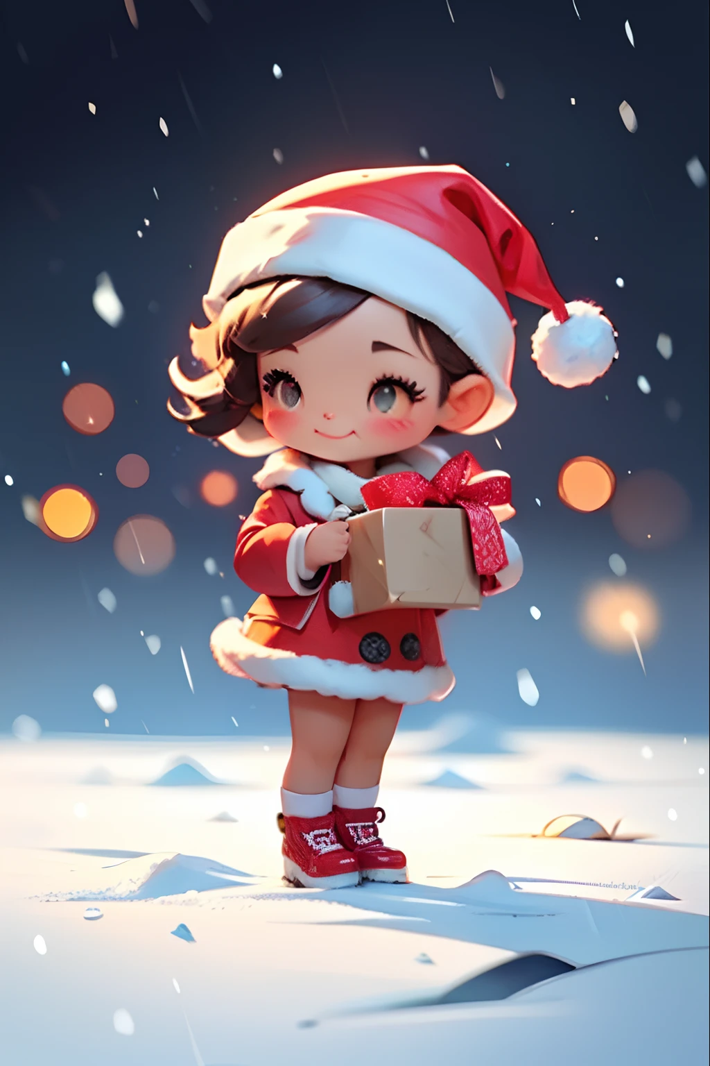 Santa Claus happily carrying presents、Santa is a pretty girl、Chibi Doll、Stars in the eyes(kirakira)、Eye Up、Laugh、Cute red shoes、foco nítido, Ultra Detail, radiant light、bio luminescent、snowscape、It's snowing、Snowbird Riding、Draw a large snowflake in the foreground、Taken from the side、Stronger bokeh effect
