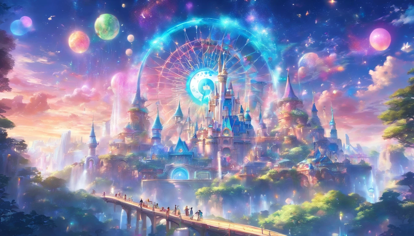 A clear sky、Clear air、View from the ground、Clean air、Vibrant colors、reddish、green grass、amarelo、pink there、Disneyland of the future、Interesting characters、Interesting design、Theme parks of the future、Amusement park of the future、floating in the universe、the Ferris wheel,attraction,top-quality、masterpiece、dream、Playground equipment that looks like fun、Weightless world、Clean lighting、A world full of life、utopian、planet earth、World of Dreams、Fantasia、𝓡𝓸𝓶𝓪𝓷𝓽𝓲𝓬、Harmonious design and colors、Harmony with nature、Clean buildings、Space City、A world far beyond human creation