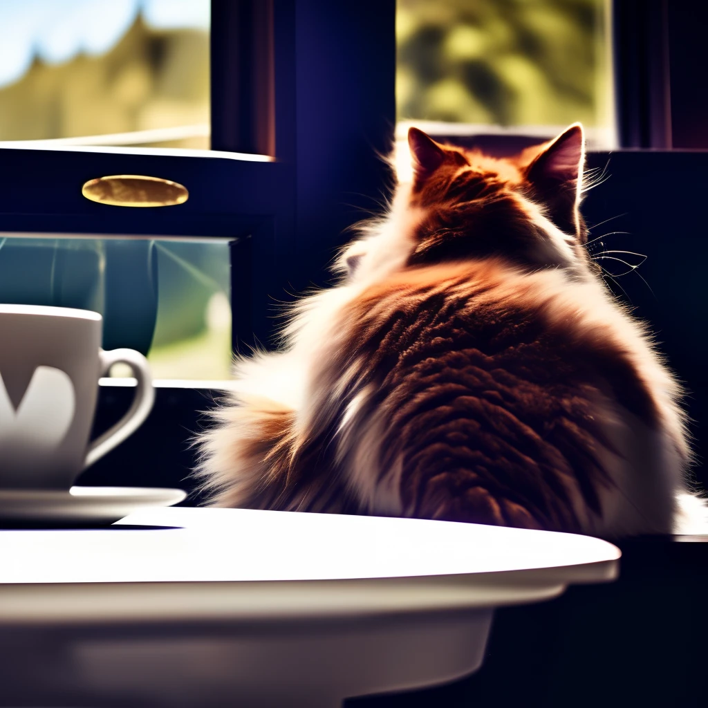 (Fluffy furry cat:1.2),morning,Drink coffee while enjoying it,intricate-detail,4k,lighting like a movie,Central configuration,