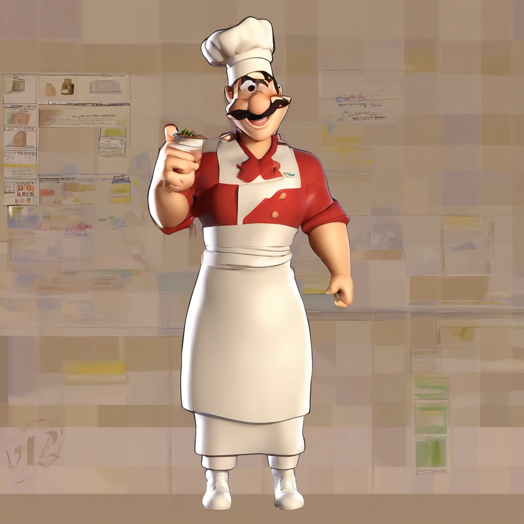 Crie uma cena de desenho animado estilo 3d -Pixar, Onde uma mulher, de cabelo curto Pixiecut preto ,com 33 anos de idade, piercing no septo, piercing no meio da boca, piercing no nariz,brincos de bolinha , fazendo bolos com roupa de chef