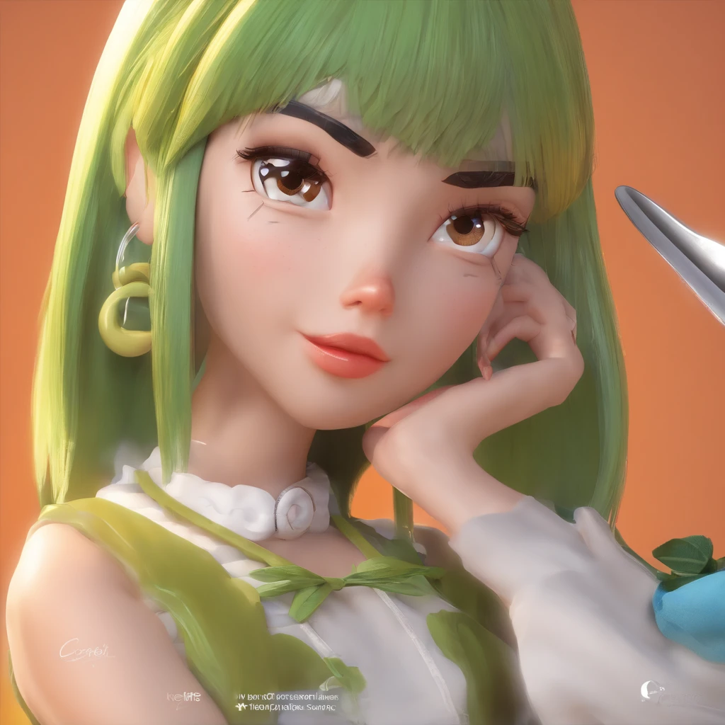 Crie uma cena de desenho animado estilo 3d -Pixar, Onde uma mulher, de cabelo curto Pixiecut preto ,com 33 anos de idade, piercing no septo, piercing no meio da boca, piercing no nariz,brincos de bolinha , fazendo bolos com roupa de chef