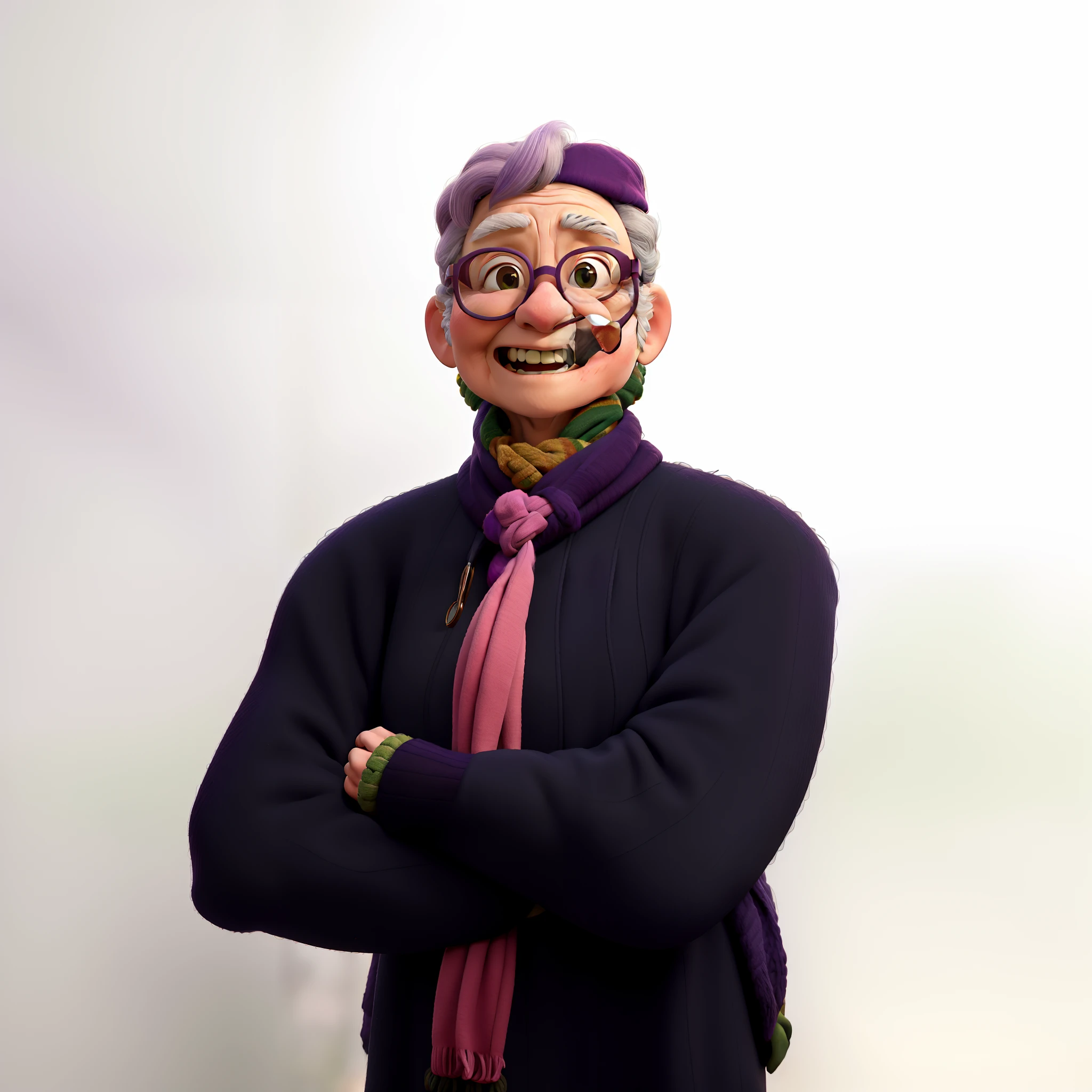 masterpiece, best quality, an old woman with glasses and a scarf on, wearing a purple coat and green scarf, standing at the park