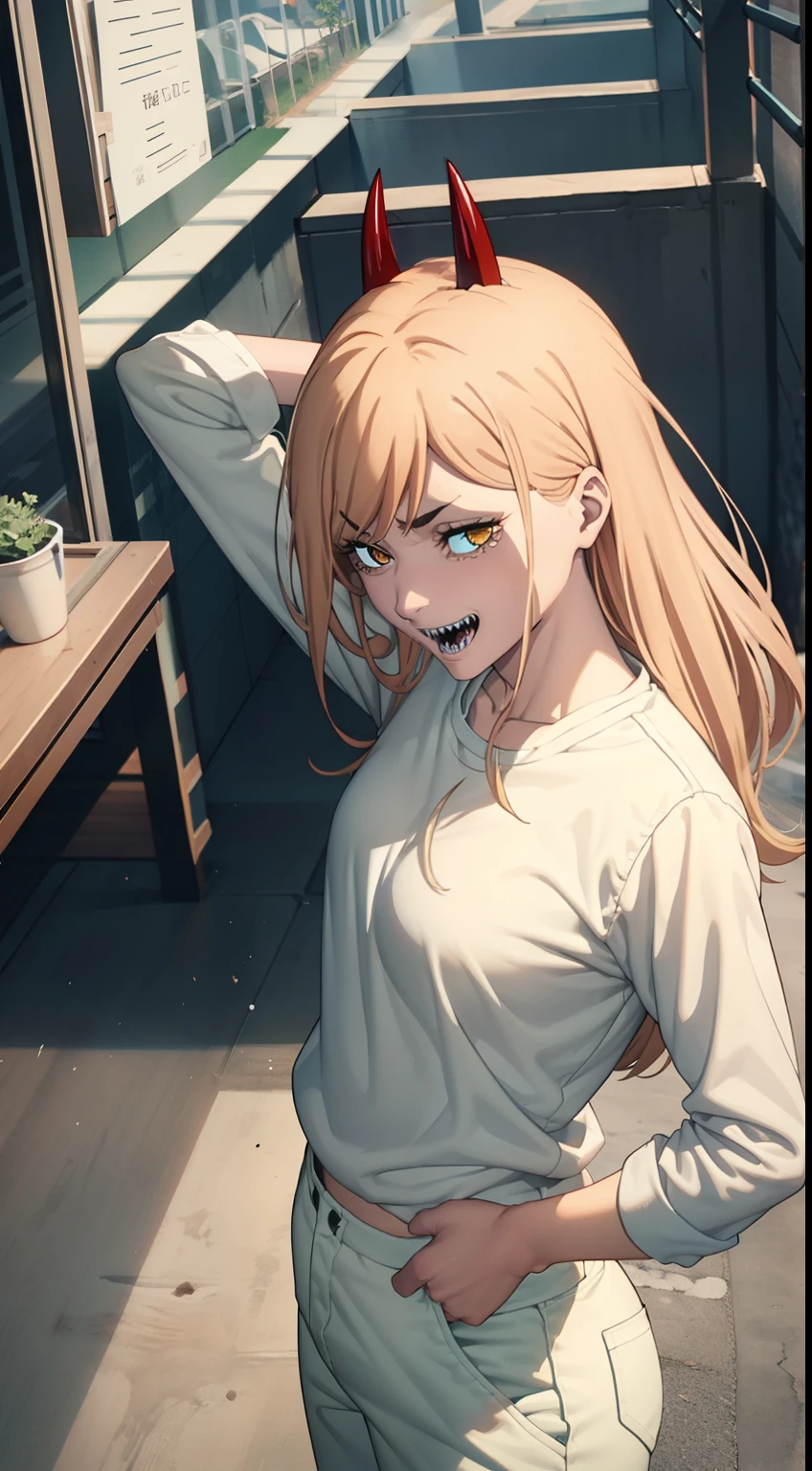 The woman, 1girl, hair light, blonde hair, hairlong, power \(HMM\), Yellow eyes, Serrated teeth, sharp teeth, sharp teeth, symbol-shaped pupils, cross-shaped pupils, Evil smile, eye-catching visual effects, reddened face, Full-length scene, white  shirt, black pant, Tucked-up trousers, red sneakers, small chest, Antlers, red horns, (Detailed background: Bowling Club, exterior), Laughter Pose, sparkly skin, detailized face, A detailed eye, 独奏, Odin, perfect anatomy, Bihana for sample, swollen groin,,,, Cowboy shot, dynamicpose, An Illustration of Perfection, dynamic, higly detailed, facing the viewer, obscene expression, CIMA POV