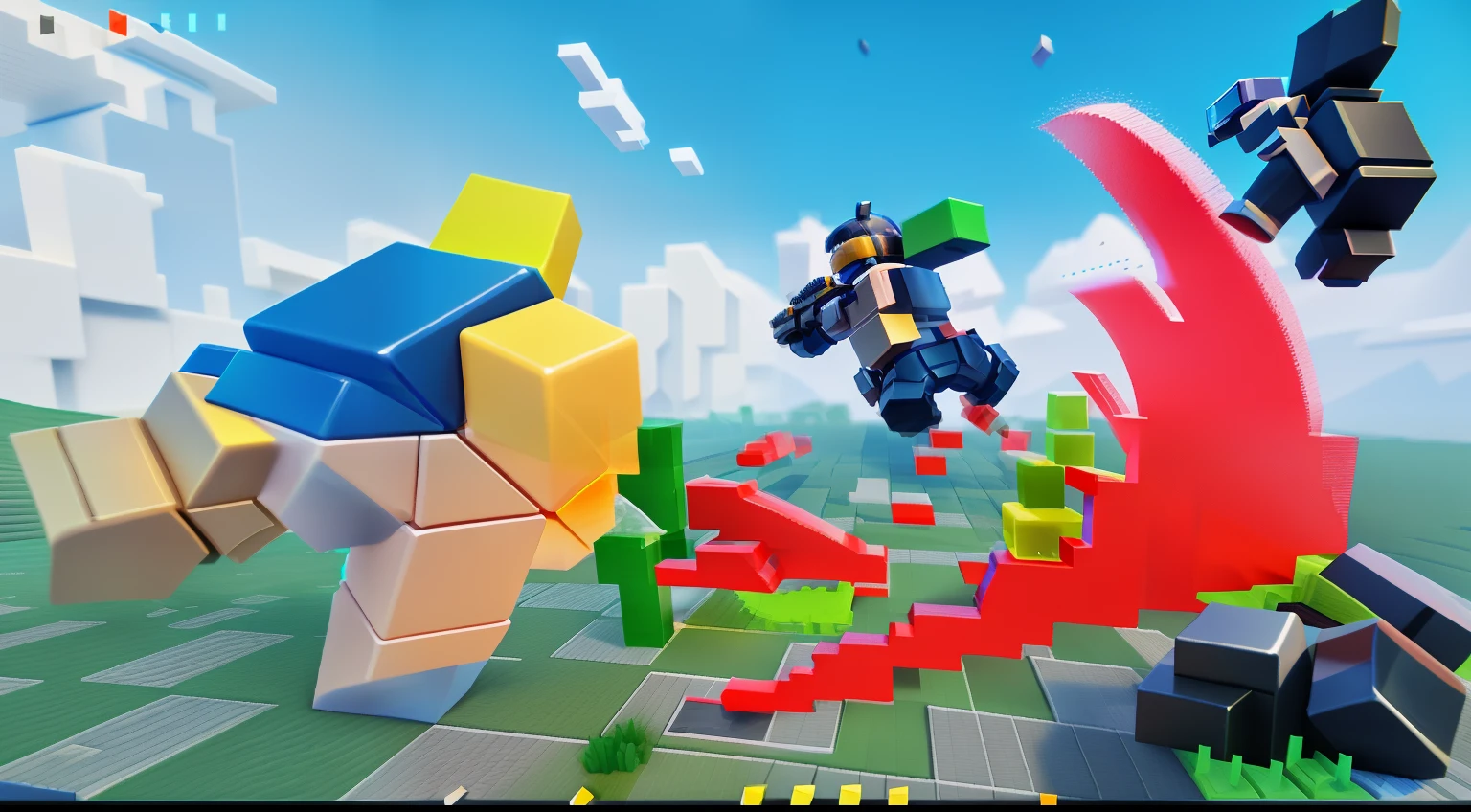 There are two people playing with guns and blocks, Blocky, Sharp and lumpy shape, Brock Tober, pc screenshot, intense battles, 3 d game, virtual reality game, blocky shape, Intense combat, side scroller game, action scene screenshot, 2 d game, videogame still, 3d game art, 3d game art, brutal fight
