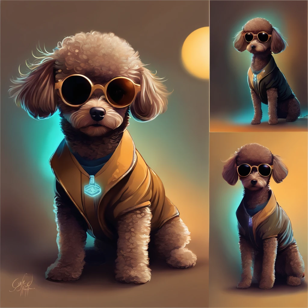 Perfect centering, Cute baby brown poodle, Wearing a student jacket, Wear sunglasses, Wearing headphones, standing position, abstract beauty, centered, Looking at the camera, Facing the camera, Near-perfect, Dynamic, moonlit glow, highly detaild, digital painting, Art Station, concept-art, silky, Sharp focus, 8K, High-definition resolution, Illustration, art by Carne Griffiths and Wadim Kashin, anime