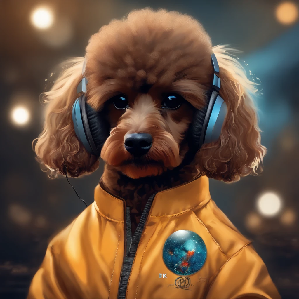 Perfect centering, Cute brown poodle, Wearing a student jacket, Wear sunglasses, Wearing headphones, standing position, abstract beauty, centered, Looking at the camera, Facing the camera, Near-perfect, Dynamic, moonlit glow, highly detaild, digital painting, Art Station, concept-art, silky, Sharp focus, 8K, High-definition resolution, Illustration, art by Carne Griffiths and Wadim Kashin, anime