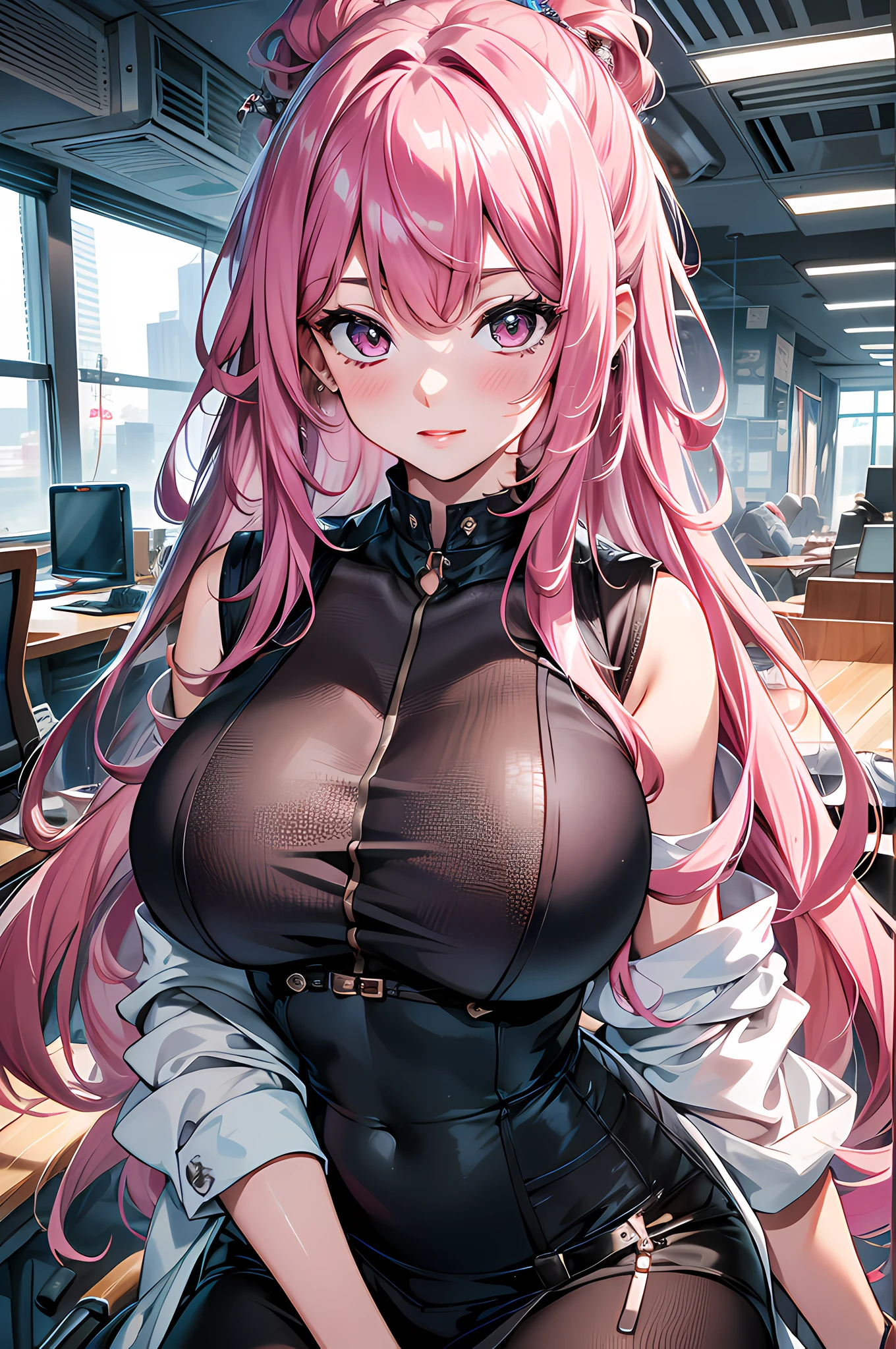 absurd, 8K, high resolution, ultra-detailed, beautiful, masterpiece, best quality, very pretty, office outfit, detailed woman's face, very attractive, (very large breasts:1.3), pink hair, white eyes,