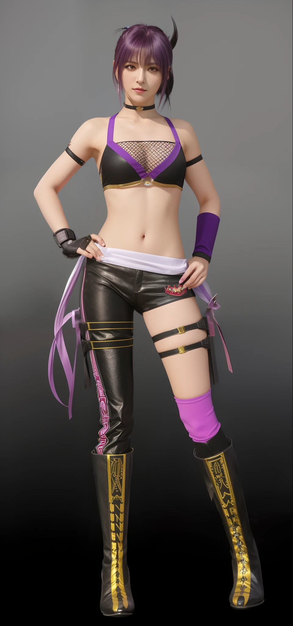 Ayane, purple hair, red eyes, (best quality, ultra-detailed), (realistic:1.37), beautiful and detailed face, ultra-realistic texture, delicate face, delicate body, red lipstick, long-lasting colors. high definition, 8K. expression with a sexy look