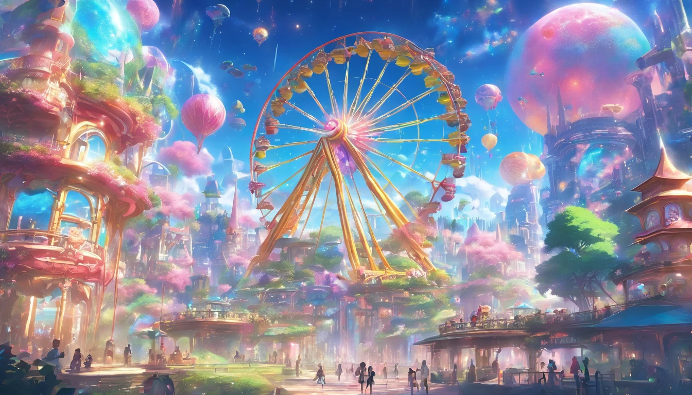 Machines of the future、Building of the future、A clear sky、Clear air、View from the ground、Clean air、Vibrant colors、reddish、green grass、amarelo、pink there、Disneyland of the future、Interesting characters、Interesting design、Theme parks of the future、Amusement park of the future、floating in the universe、the Ferris wheel,attraction,top-quality、masterpiece、dream、Playground equipment that looks like fun、Weightless world、Clean lighting、A world full of life、utopian、planet earth、World of Dreams、Fantasia、𝓡𝓸𝓶𝓪𝓷𝓽𝓲𝓬、Harmonious design and colors、Harmony with nature、Clean buildings、Space City、A world far beyond human creation