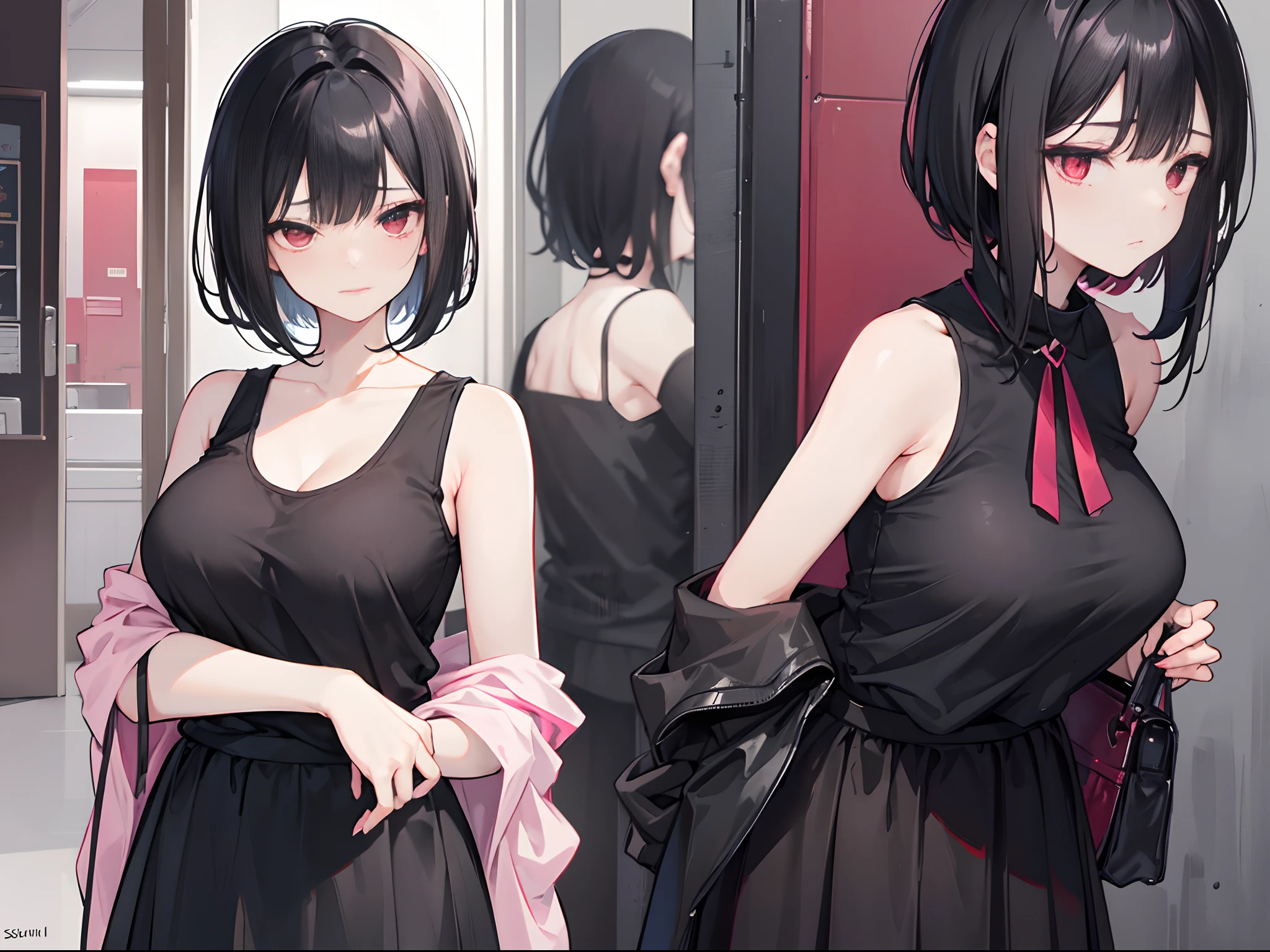 A woman with short black hair and pink-red eyes.............. Long hair She walked out the door with a sleepy expression on her face..............Wearing a black vest... Black Skirt........ Slim profile, Fair-skinned, large boobs, Slightly blushing..............,