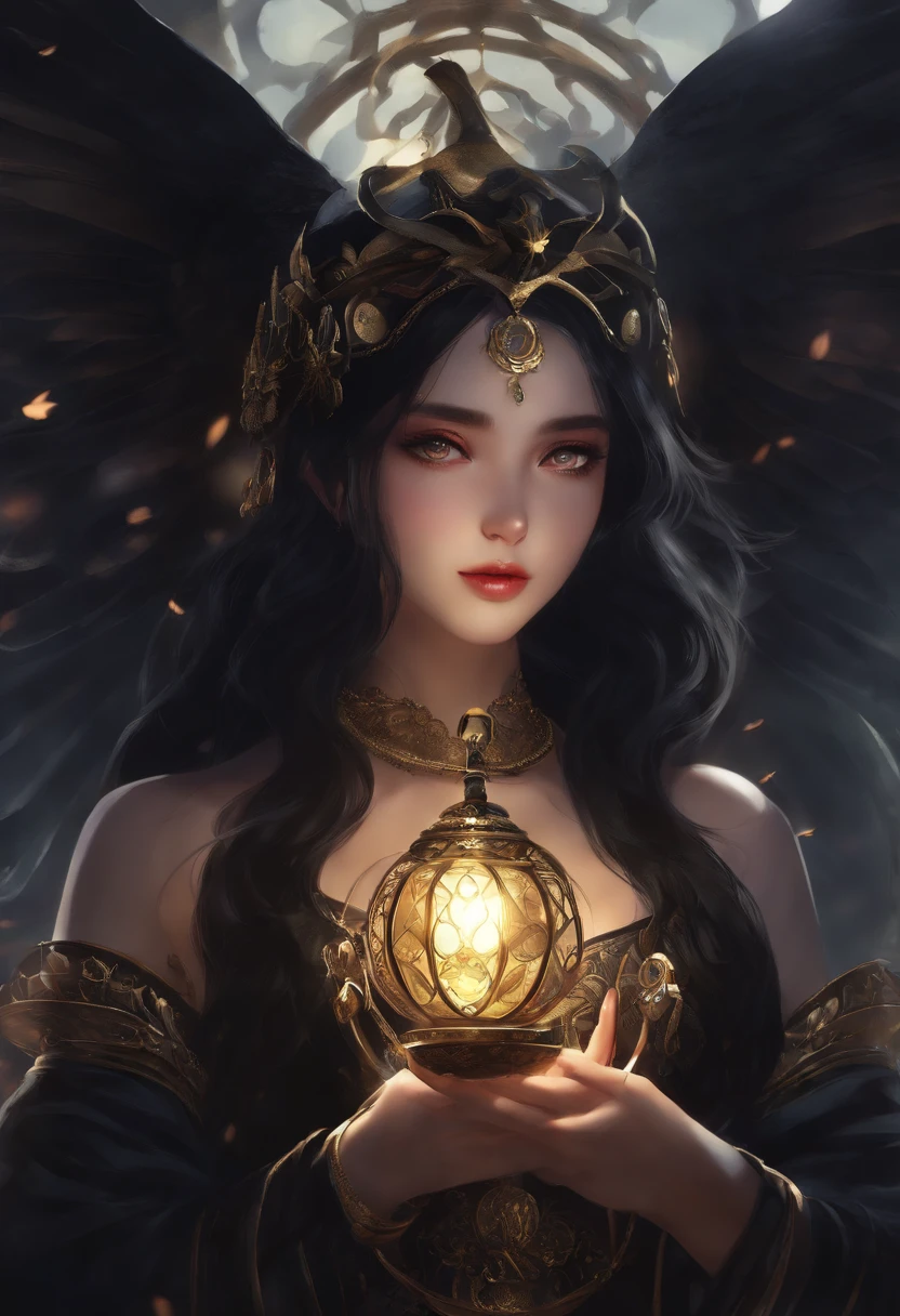 (best quality,highres,ultra-detailed,realistic:0.9),anime,girl,black hair,beautiful and gorgeous eyes,soft smile,stunning makeup,holding a pair of scales,evil goddess with a touch of darkness,balance of power,libra symbolism,anime-style artwork,striking black color palette,dramatic lighting