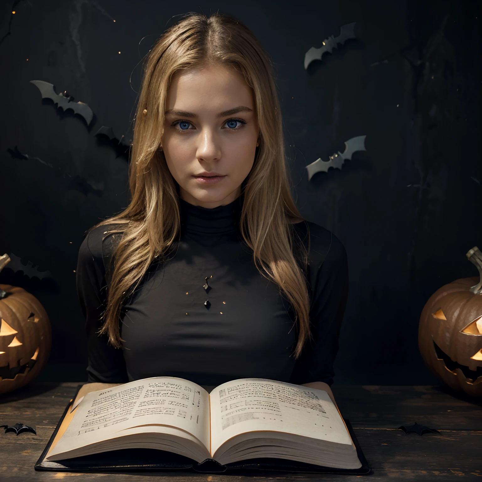 Blonde pretty woman, 24 years old, thin, wearing black t-shirt, realistic skin tones, realistic details and complexion, using a journal, journal cover facing camera, woman with journal facing camera, journal cover facing front, pretty girl with journal, blue eyes, beautiful light, reading a book, the Death is drawn on one of the books pages, ((halloween background)), dark illumination