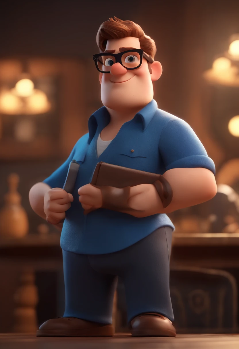 Cartoon character of a man wearing black glasses and a blue shirt, um personagem animado, Caractere estilizado, animation style rendering, 3D estilizado, Arnold Maya render, 3 d render stylized, toon render keyshot, Personagem 3D, Personagem 3D, 3d rendering stylized, 3 d character render, personagem de desenho animado, Personagem de close up, Pose de personagem, (Estilo Pixar) (master part:1.2) (Bokeh) (best quality) (pele detalhada) (textura detalhada) (8k) (argila) (Cinematic lighting) (foco nítido,Senta e vaza a parte superior do corpo