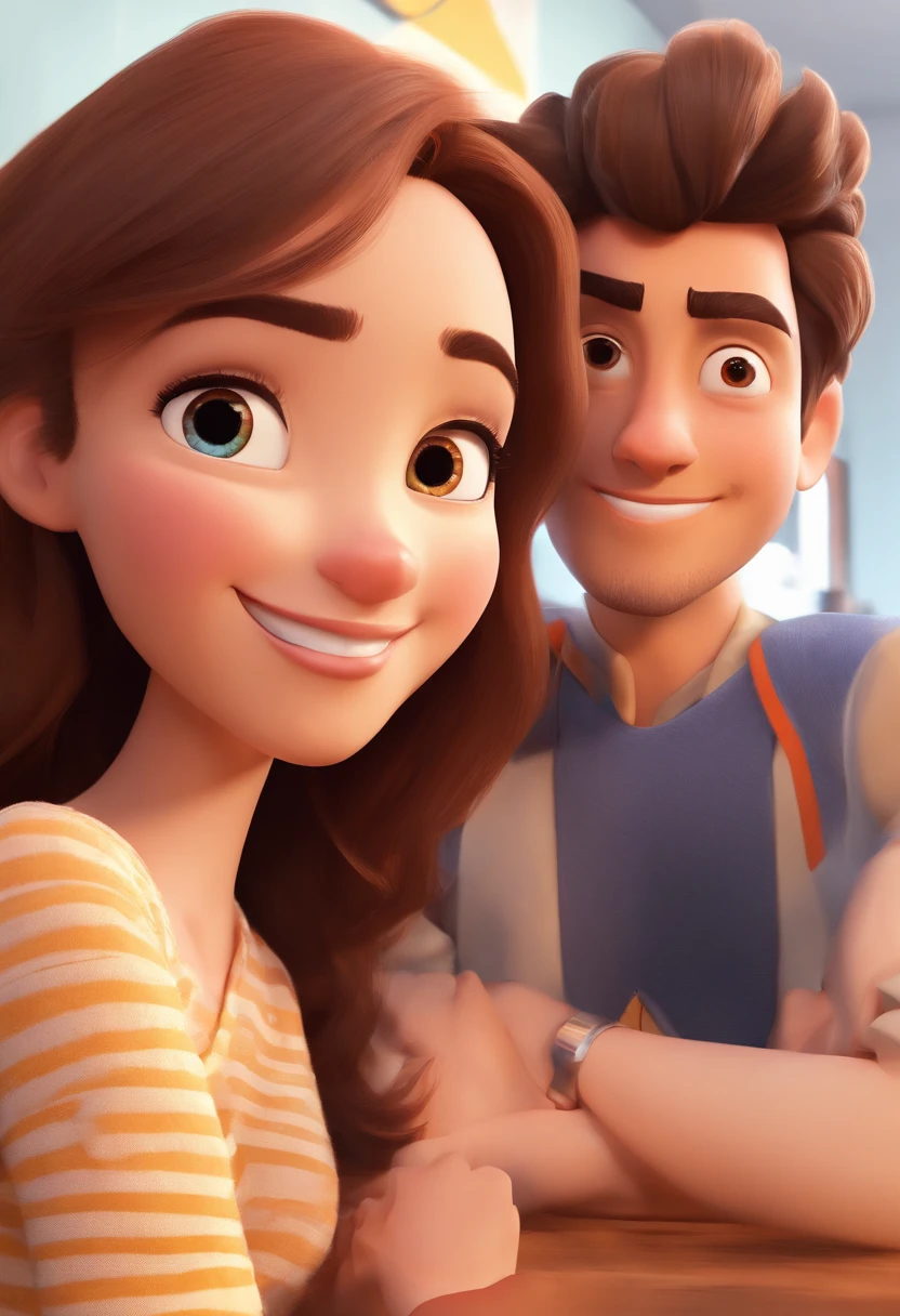 An illustration of an adorable couple, destacando um homem e uma mulher com bonito, Expressive eyes - the man's skin is white and the man's hair is straight and black, while the woman's skin is black and the woman's hair is straight and brown. They are a bright room, cada um com um sorriso no rosto, e compartilhar um momento especial caracterizado pelo amor, Insights. Illustrate this scene from a perspective where they are facing the camera, Smiling and Showing Your Connection. Desenvolva esta arte em Full HD, Focus on your cinematic touch, Estilo Disney Pixar Animations